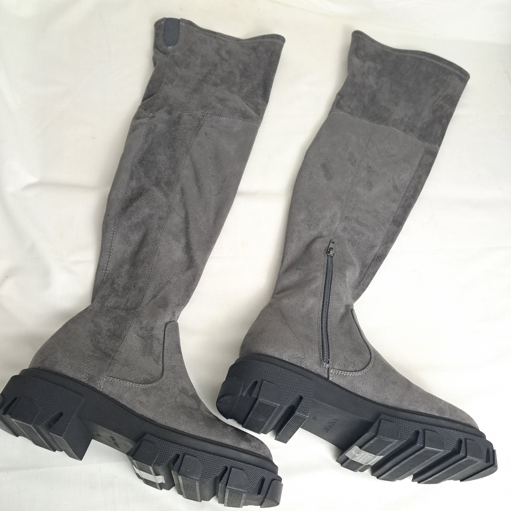 Nine West Women's Cellie Over the Knee Moto Chic Gray Lug Sole Boots Sz 8.5 M